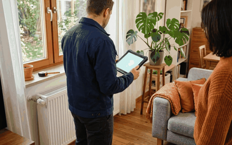 Energieberater bespricht im Wohnzimmer den Sanierungsfahrplan und die Förderung