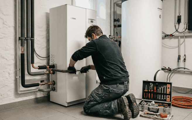 Heizungsbauer schließt eine Wärmepumpe im Keller an, gefördert mit dem KfW 458 Zuschuss
