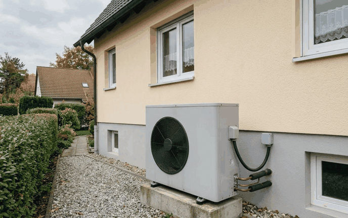 Luft-Wasser-Wärmepumpe im Garten eines Einfamilienhauses, gefördert von der KfW