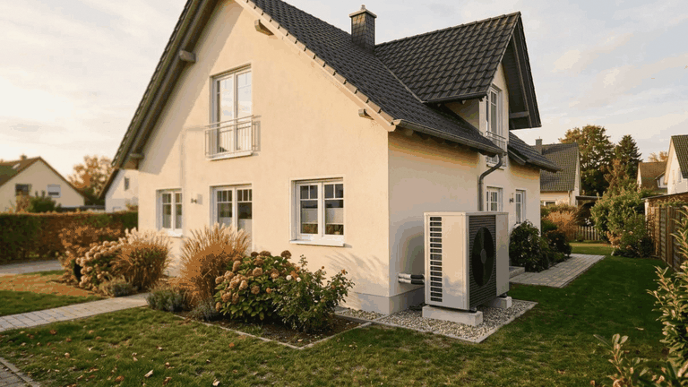 Außengerät einer Wärmepumpe vor einem Einfamilienhaus, gefördert mit dem Heizungszuschuss der KfW